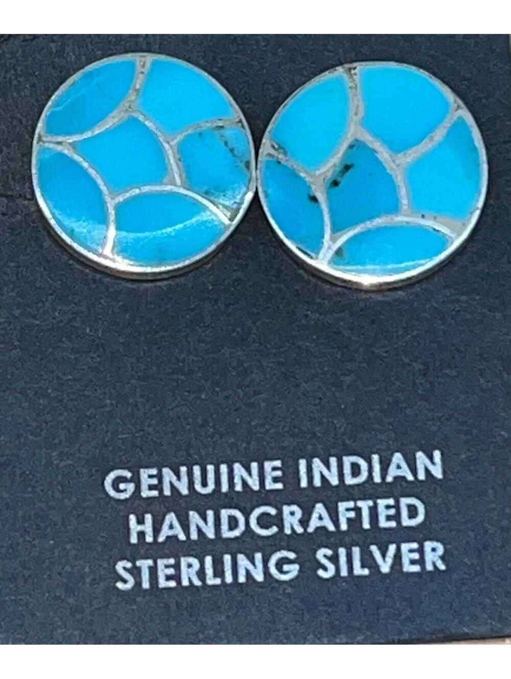 Zuni sterling silver turquoise inlay traditional oval cluster earrings